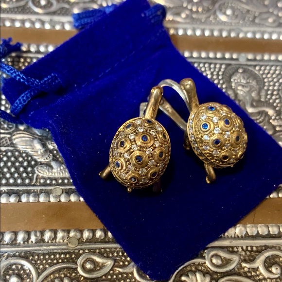 European Turtle Earrings Encrusted Sapphire Topaz - Picture 6 of 16
